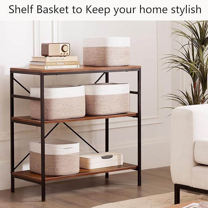 Storage Baskets for Shelves Set of 4 Woven Baskets for Closet Rectangle Toy Bin for Baby Nursery 12.7"Lx9"Wx7.9"H Brown & Whi