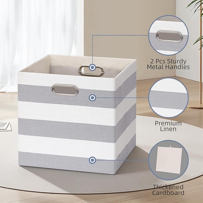 11x11 Cube Storage Bins, Collapsible Fabric Storage Cubes, Cubby Storage Organizer Bins Striped Container Baskets for Organiz