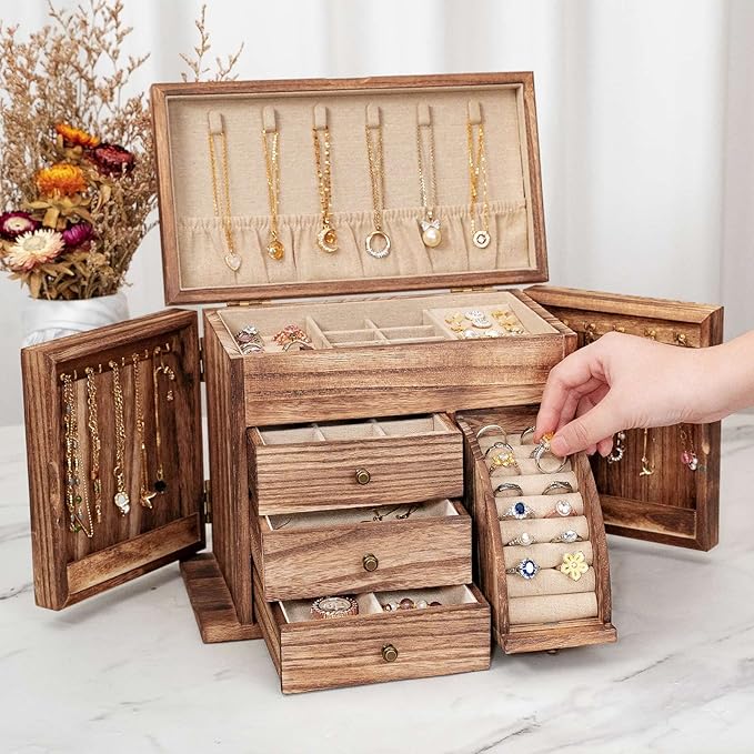 Poyilooo Jewelry Box Organizer, Solid Wood Jewelry Boxes for Women for Storage & Display Necklace Ring Earring Bracelet, Rust