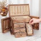 Poyilooo Jewelry Box Organizer, Solid Wood Jewelry Boxes for Women for Storage & Display Necklace Ring Earring Bracelet, Rust