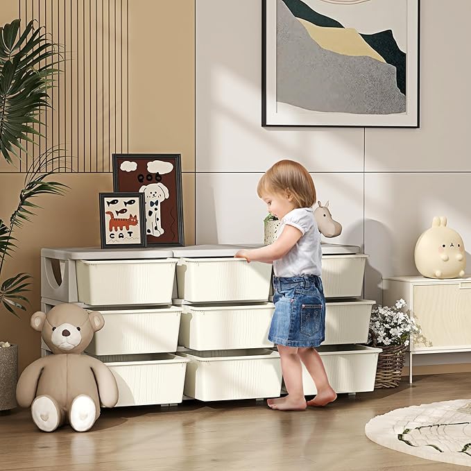 Qaba 3 Tier Kids Storage Unit, Toy Organizers and Storage with 9 Drawer Chest for Kids Bedroom Nursery Kindergarten Living Ro