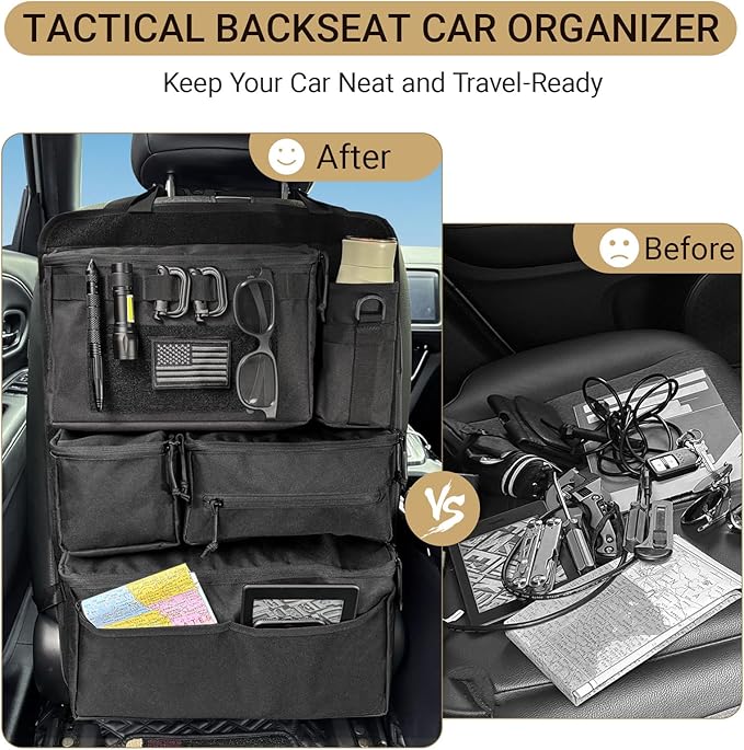 Tactical Seat Back Organizer - Heavy Duty MOLLE Panel Organizer with Multiple Pockets & Hook Loop Panel for EDC Gear, Road Trip Essentials, Universal Fit for Car SUV Truck Jeep Ford(Black)