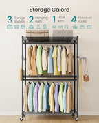 SONGMICS Heavy-Duty Rolling Clothes Rack, Garment Rack, Portable Closet, 43.3-Inch Wide Clothing Rack on Wheels, with Adjusta
