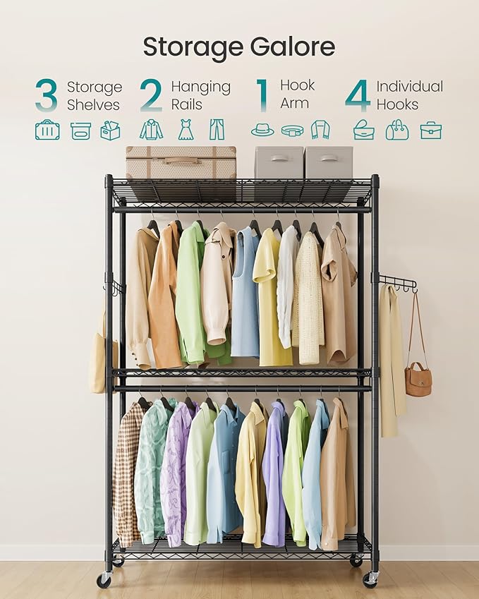 SONGMICS Heavy-Duty Rolling Clothes Rack, Garment Rack, Portable Closet, 43.3-Inch Wide Clothing Rack on Wheels, with Adjusta
