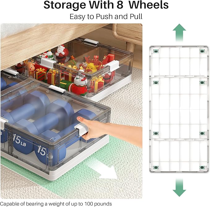 Kitstorack Plastic Under Bed Storage Containers,2 Pack Underbed Storage with Wheels,Foldable and Stackable Under Bed Organize