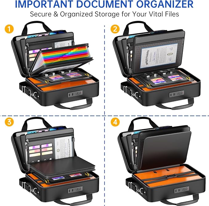 5200℉ Fireproof Document Box with lock, Hard-Shell Case File Organizer with 24 Pocket Accordion File Folder, Portable Safe Bo