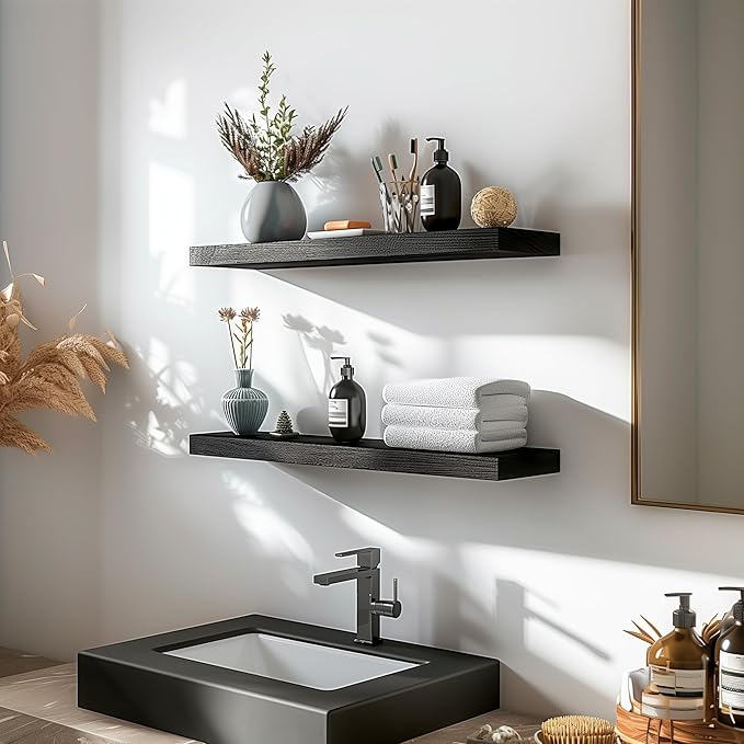 PHPH Wood Floating Shelves for Wall, Wooden Wall Shelves for Bedroom, Set of 6 Black 17 Inch