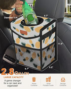 Car Trash Can with Lid, Cute Leakproof Car Trash Garbage Bag Hanging Vehicle Trash Bin Small Portable Automotive Garbage Cans Organizer for Back/Front Seat/Console(2.8 gal,Pineapple Print