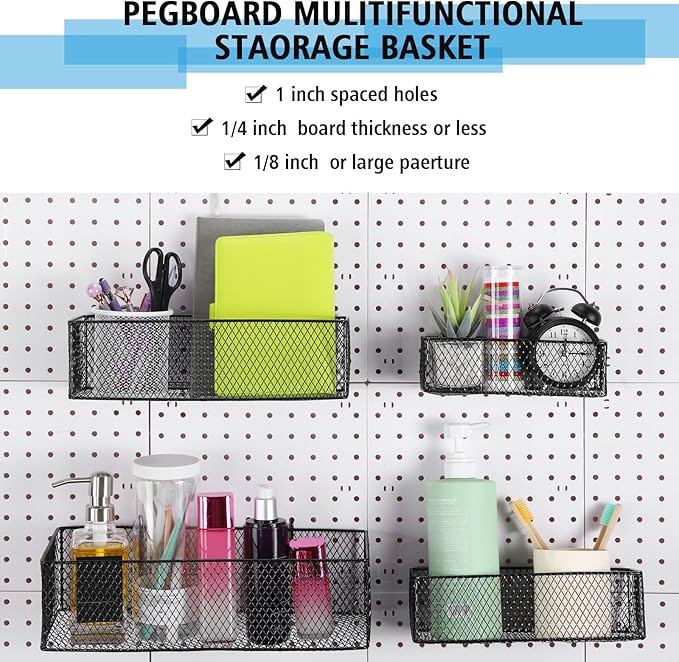Norme 4 Pack Pegboard Baskets Set 4 Size Metal Wall Organizer Square Style Wire Pegboard Bins Wall Mount Peg Board Tool Organ