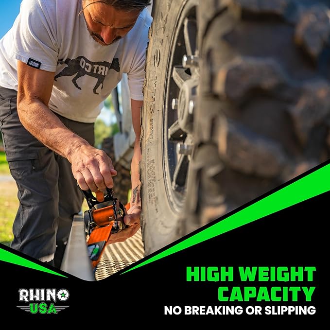 Rhino USA Retractable Ratchet Straps (4-Pack) - 2 Inch x 10 Feet (3,033lb Break Strength) - Heavy Duty Auto Self Retracting Tie Down Straps for Truck, Cargo Trailer, Motorcycle, Rad & More - Orange