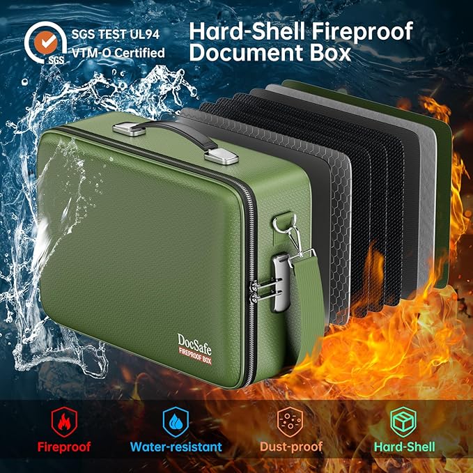 DocSafe Fireproof Document Box with Lock, Hard Case File Organizer with Accordion File Folder, Fireproof Water Resistant Safe