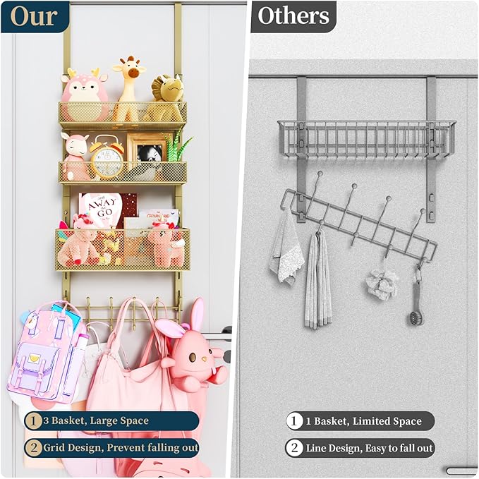 Consumest Over The Door Hooks Organizer - 4 Tier Door Coat Rack with 3 Baskets and 12 Hooks, Stainless Steel Towel Hanger for
