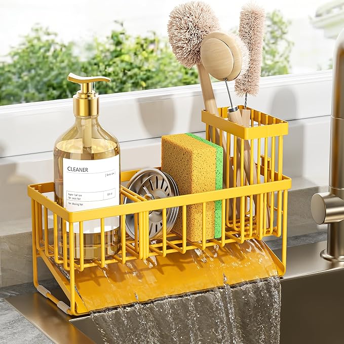 Cisily Lemon Yellow Sink Caddy Organzier with High Brush Holder, Sponge Holder for Sink, 304 Rustproof Stainless, Kitchen Cou