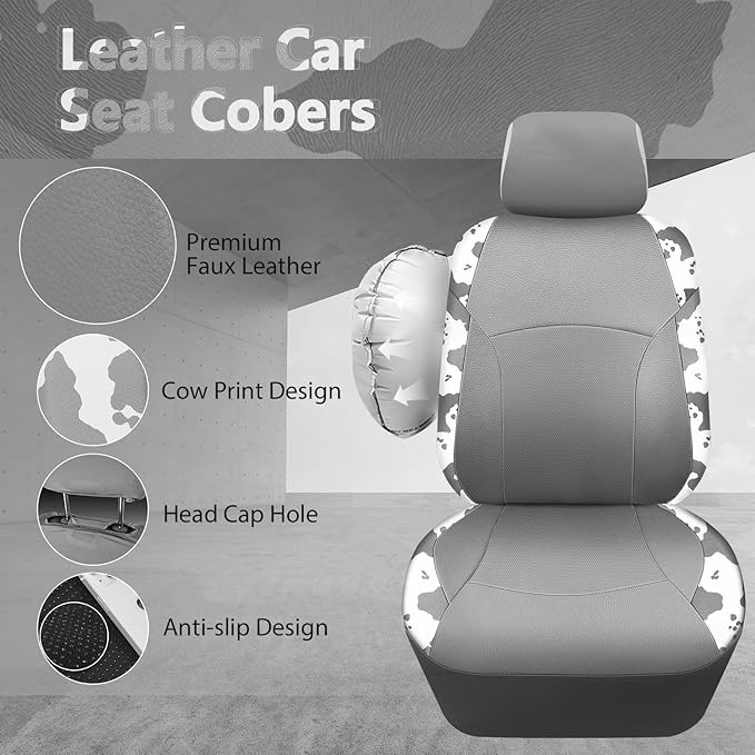 CAR PASS Cow Print Faux Leather Car Seat Covers & Cow Car Mats & Cow Steering Wheel Cover Seat Belt Pads Universal fit for SU