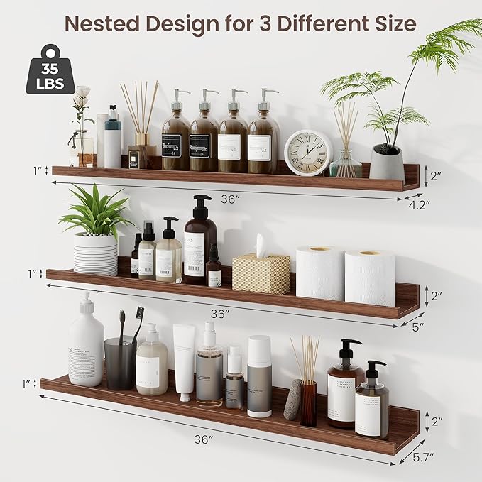 Axeman 36 Inch Floating Shelves | Walnut Picture Ledge Shelf Set of 3 | Rustic Wood Wall Shelves with Lip | 36" Walnut Pictur