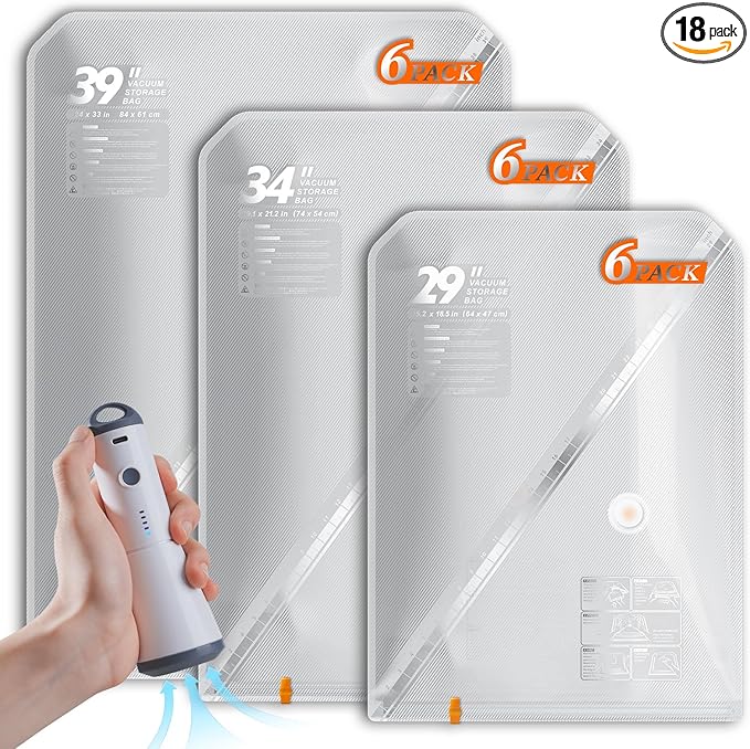 Vacbird 18 Pack Vacuum Storage Bags Set with Rechargeable Wireless Pump Large/Medium/Small Vacuum Seal Bags for Clothing Trav