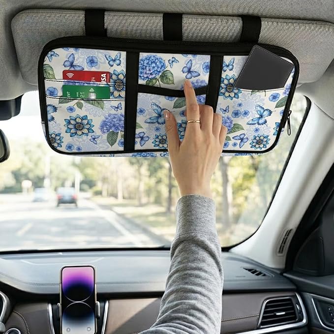 Boho Floral Car Sun Visor Organizer, Multi-Pocket Truck Visor Organizer Car Sun Storage Pocket Pouch Case Bag with Velcro Straps for Sunglasses, Cards, Pens and Document Machine Washable