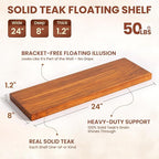 Teak Floating Shelves Set of 2-24 Inch Natural Waterproof Wood Wall Shelves with Invisible Brackets for Bathroom, Kitchen, Ba
