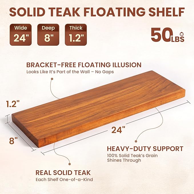 Teak Floating Shelves Set of 2-24 Inch Natural Waterproof Wood Wall Shelves with Invisible Brackets for Bathroom, Kitchen, Ba