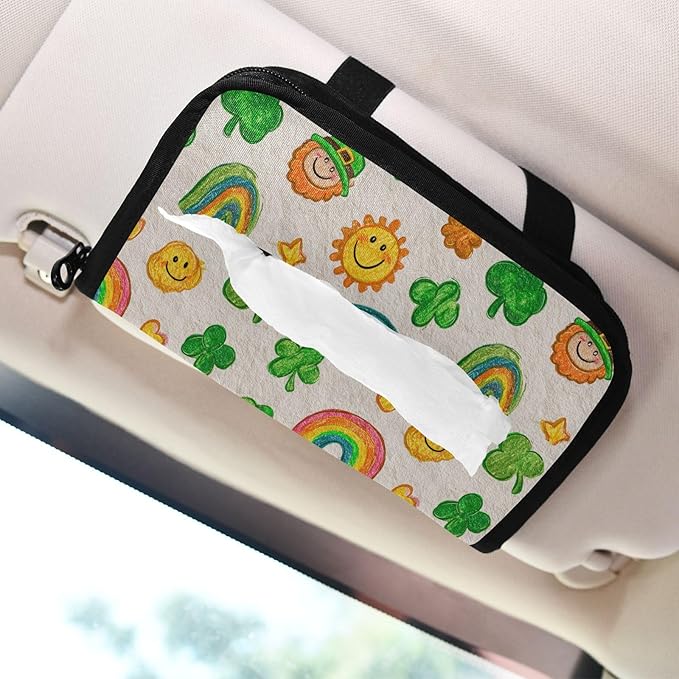 Car Tissue Holder Car Visor Organizer Tissue Box Holder for Car Sun Visor Organizer with Car Vehicle Accessories Essentials Interior for Women Men Light Leprechaun Clovers St.Patrick Rainbows