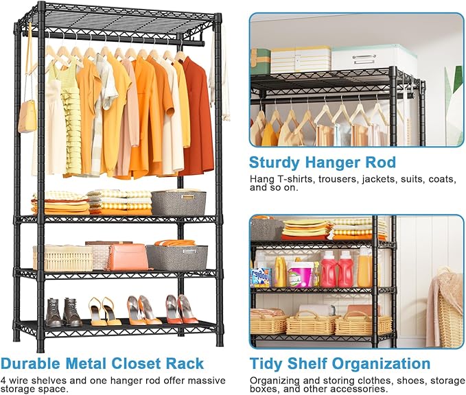 Ulif H4 Portable Closets, 4-Tier Metal Clothes Garment Rack for Bedroom and Cloakroom, Clothing Closet Storage and Organizer 