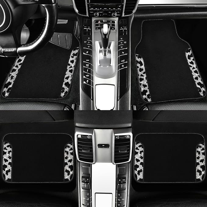 CAR PASS Leather Cow Bling Diamond Car Seat Covers Front & Rhinestone Carpet Car Floor Mats & Sparkly Steering Wheel Cover 15