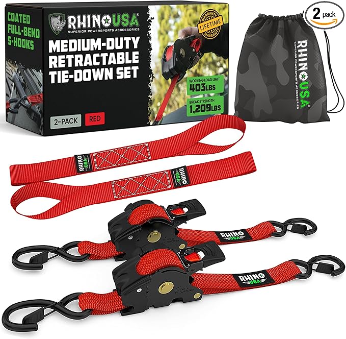 Rhino USA Retractable Ratchet Straps (2-Pack) - 1 Inch x 10 Feet (1,209lb Break Strength) - Auto Self Retracting Tie Down Straps for Truck, Cargo Trailer, Motorcycle, ATV, UTV - Red