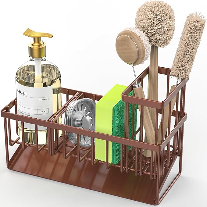 Cisily Kitchen Sink Caddy, Sponge Holder for Kitchen Sink, Kitchen Sink Organzier and Storage with High Brush Holder, Rustpro