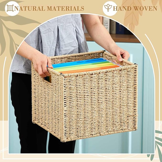 Jingmore 2 Pack Paper Rope Hanging File Box, Letter Size Document Filing Boxes, Woven Decorative Storage Box, Hanging File Ba