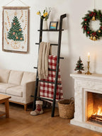 Black Blanket Ladder with Top Shelf for the Living Room - 67in Decorative Wooden Blanket Holder, 5 Tier with Side Hooks for H