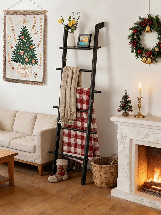 Black Blanket Ladder with Top Shelf for the Living Room - 67in Decorative Wooden Blanket Holder, 5 Tier with Side Hooks for H