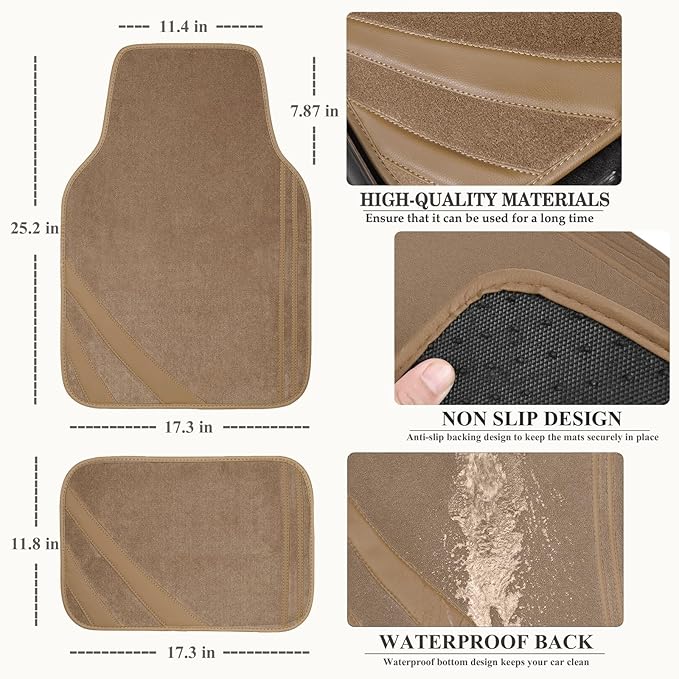 CAR PASS Beige Car Floor Mats, Edge Leather Waterproof Car Mats with Double Stitch Line and Anti-Slip Backing Design, Fit 95%