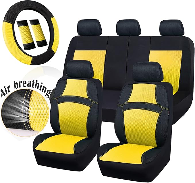 CAR PASS Universal 13PCS 3D Air Mesh-100% Breathable Seat Covers Full Sets Steering Wheel&Belt Cover Airbag and Rear Split Bench Compatible for 90% Automotive SUV Truck Cute Women Black Yellow