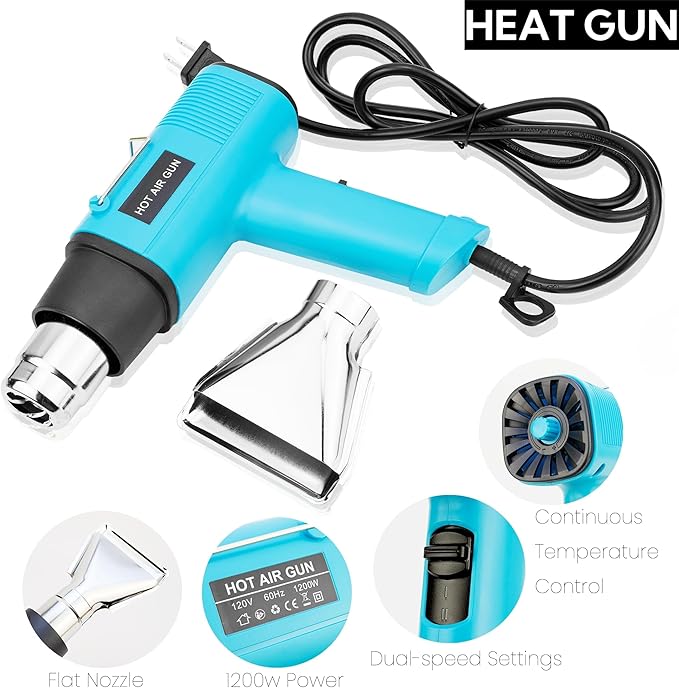 Vinyl Wrap & Window Tint Tool Kit – 12Piece with 1200W Heat Gun, Felt Edge Squeegee, Glass Squeegee, Edge Trimmer, and Precision Knife Cutter for Car Wraps, Window Film, PPF, Decals, and Graphics