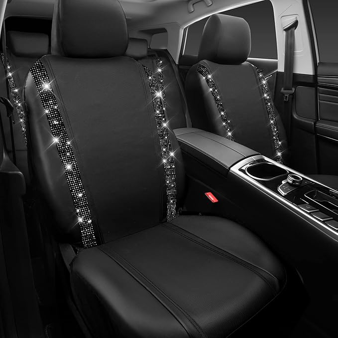 CAR PASS Bling Diamond Car Seat Covers, Shining Rhinestones Waterproof Faux Leather, 7 Seats 3 Rows with Zipper Glitter Crystal Sparkle Strips Universal Fit 95% MPV,SUV,CAR for Women Girl, Black