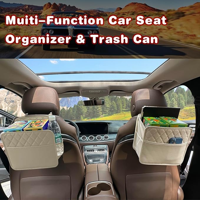 Upgrade Car Seat Organizer Backseat with Storage Pockets, Multipurpose Car Organizer Hanging, Car Trash Bag Can,Premium PU
