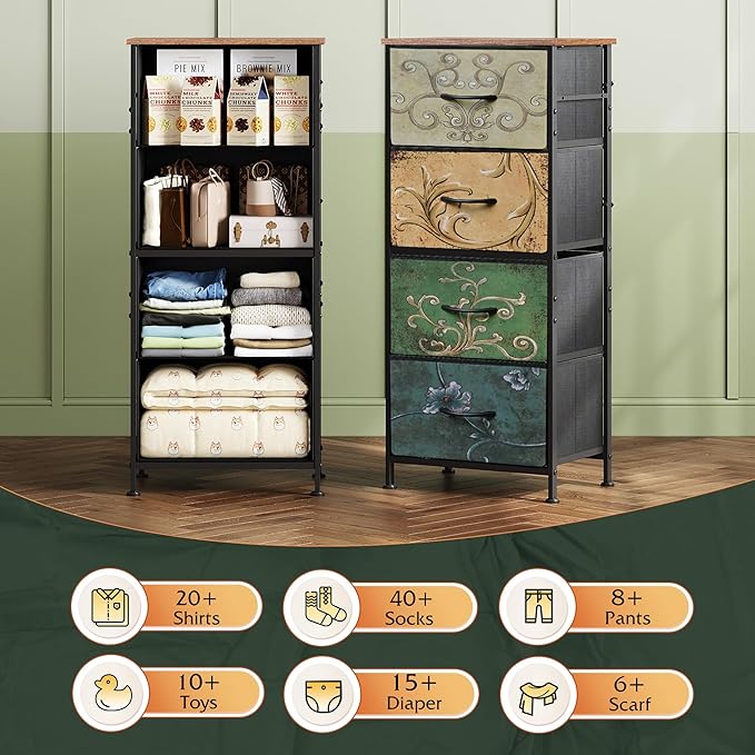 WLIVE Dresser with 4 Drawers, Storage Tower, Organizer Unit, Fabric Dresser for Bedroom, Hallway, Entryway, Closets, Vintage 