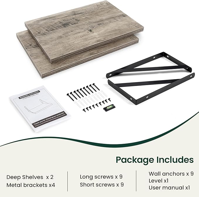 Floating Shelves, 12 Inch Deep Rustic Wood Wall Storage, 16W x 12D Wall Shelves Set of 2, Heavy Duty Metal Brackets, Large In