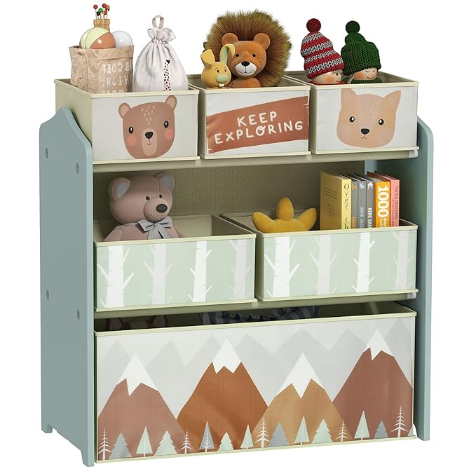 Qaba Toy Organizer with 6 Storage Bins, Kids Storage Unit for Bedroom, Kids Room, 25" x 12" x 26", Green