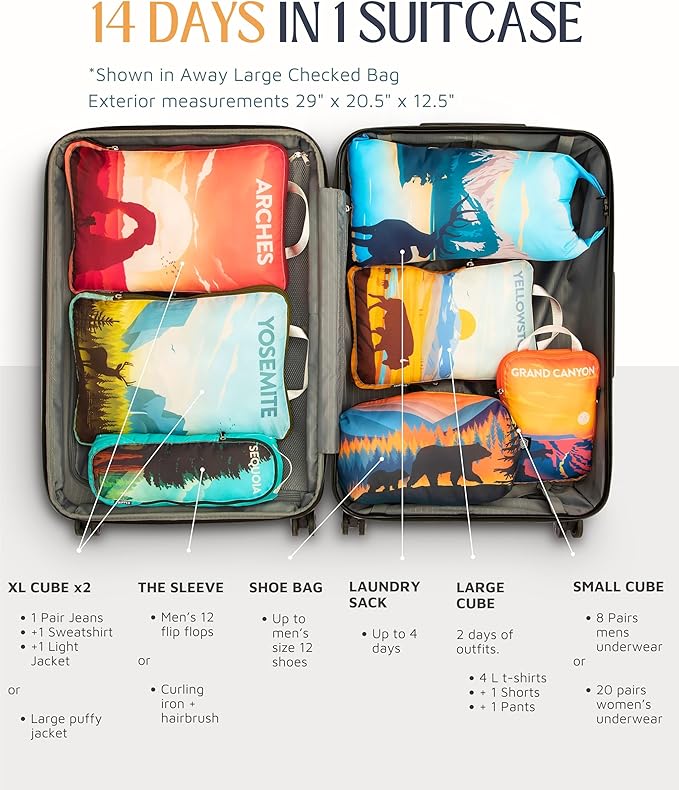 TRIPPED XL Compression Packing Cubes — 7-Piece Set for Checked Luggage | Extra-Large (15.7"×11"×4") + Large + Small + Tube + 