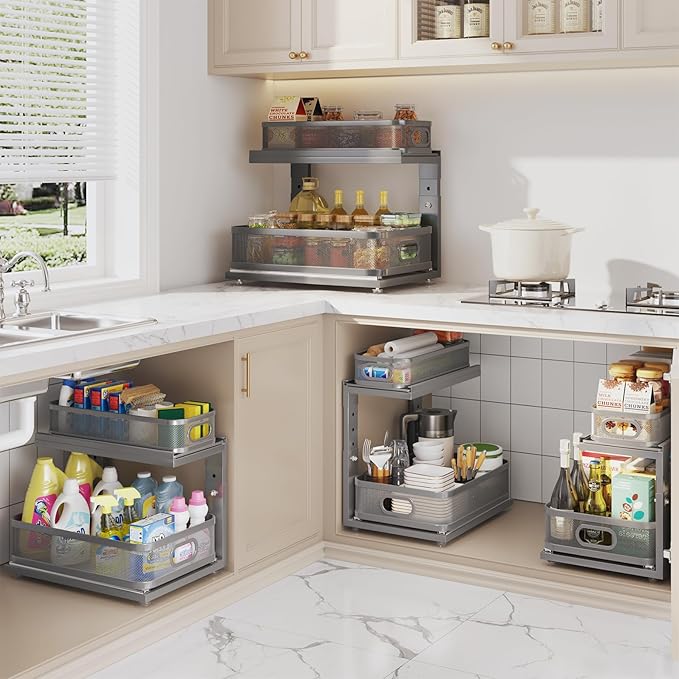 2 Pack 15.5IN-Depth Under Sink Organizer With Next-Gen Ball-Bearing Slides,2-Tier Precision Mesh Pull Out Cabinet Storage for