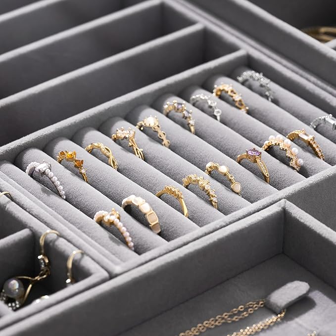Velvet Jewelry Drawer Organizer Trays – Grey Stackable Jewelry Storage Inserts Set, 4-Layer Jewelry Tray Set for Earrings, Ri