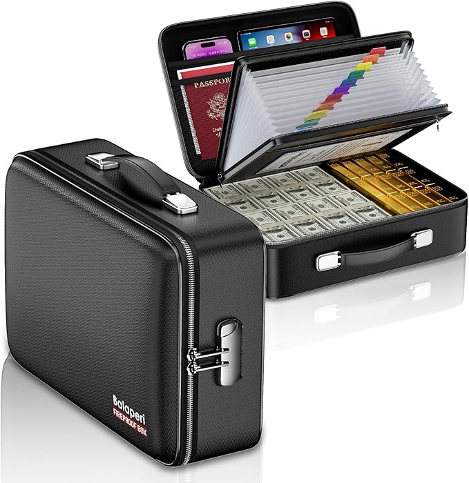 BALAPERI Fireproof File Organizer with Fireproof Zipper,Fireproof Document Box Hard Case with Lock,Portable Document Safe for