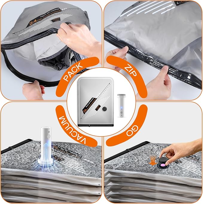 Travel Vacuum Bags with Cordless Electric Pump, GZOKMOG 12 Pack Space Saver Storage Bags, Vacuum Seal Bags for Clothing, Comp