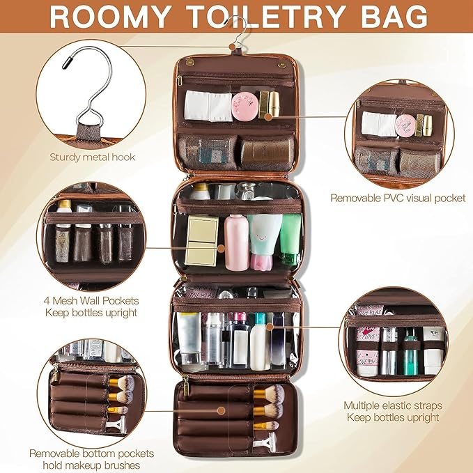 Elviros Hanging Toiletry Bag for Men Travel Essentials 3-in-1 Large Waterproof Dopp Kit PU Leather Shaving Bag with Separate 