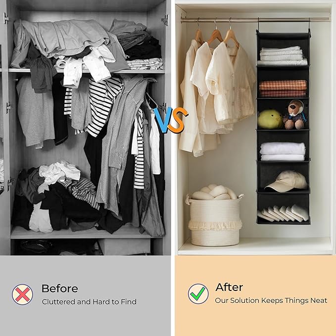 MAX Houser 6 Tier Shelf Hanging Closet Organizer, Closet Hanging Shelf with 2 Sturdy Hooks for Storage, 2 Pack, Foldable (Bla
