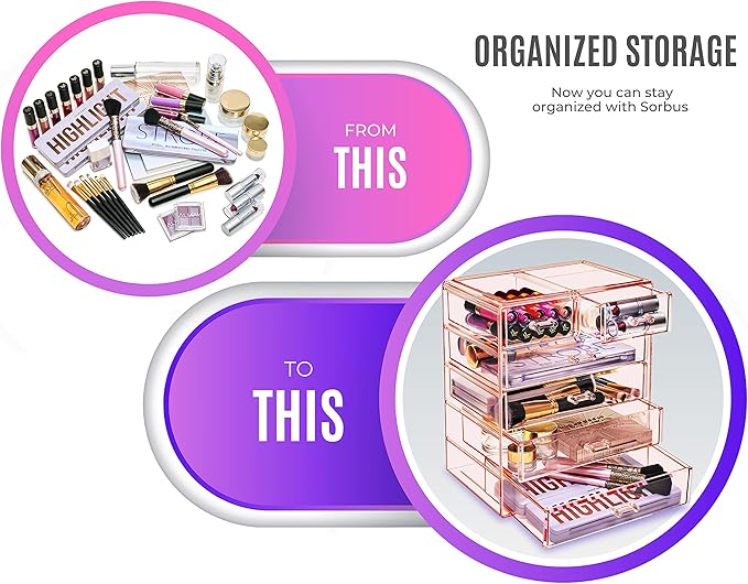 Sorbus Acrylic Makeup Organizer Set, 6-Drawer Vanity & Countertop Cosmetic Storage with Small & Wide Drawers, Pink Makeup Sto