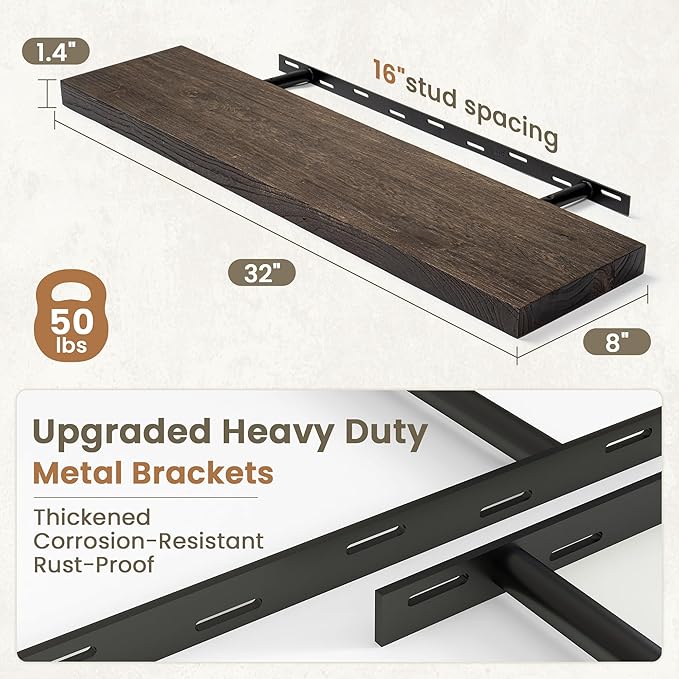 Fun Memories Solid Elm Wood Floating Shelves Set of 2-32 Inch Rustic Wall Shelves with Heavy-Duty Invisible Brackets - for Li
