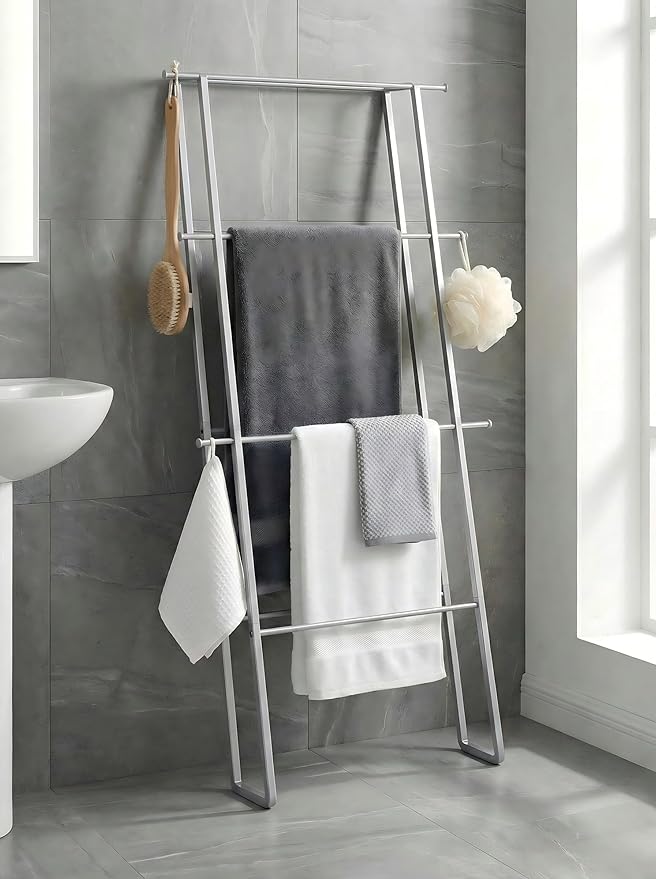 Metal Leaning Ladder Towel Rack, 4-Tier Blanket Stand for Bathroom Living Room, No Drilling Quilt Storage Organizer(Silver)