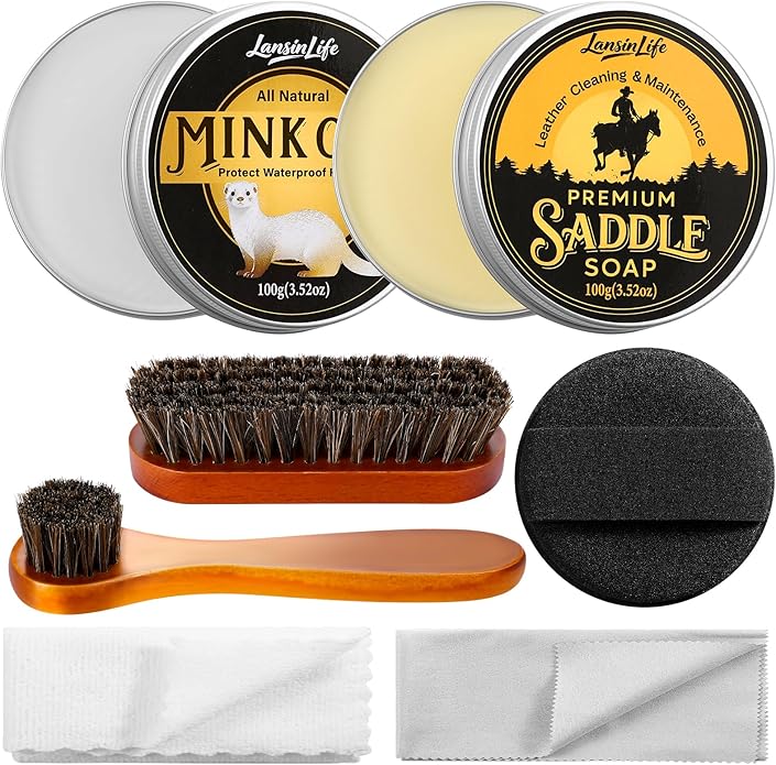 7-in-1 Leather Care Kit, Saddle Soap for Leather, Mink Oil 3.52oz for Leather Boots with 2 Horsehair Brush, Portable Leather 